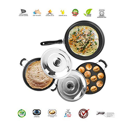 Sumeet 2.6mm Thick Non-Stick Corsen Combo Set (Dosa Tawa – 26.5cm Dia +Grill Appam Patra with Lid – 23cm Dia + Appachatty – 22.2cm Dia)