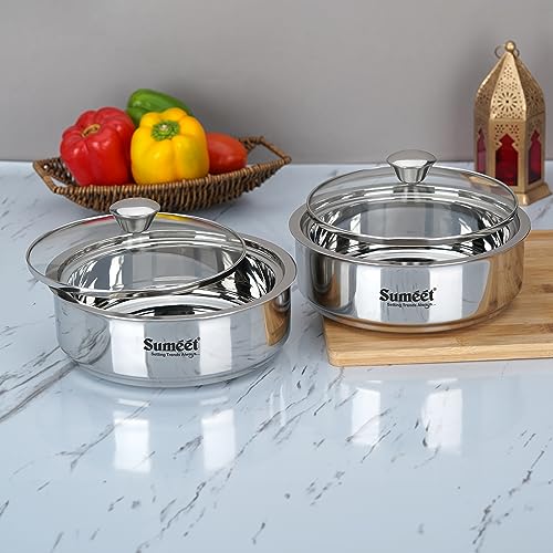 Sumeet Smart Serve Stainless Steel Double Wall Insulated Hot Roti/Chapati Pot/Server/Casserole with Glass Lid, 1L, Set of 2pc, Silver