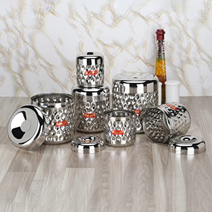 Sumeet Stainless Steel Vertical Utility Canisters/Ubha Dabba/Storage Containers with Design Set of 6pcs (350ml, 500ml,700ml,900ml,1200ml,1700ml), Silver