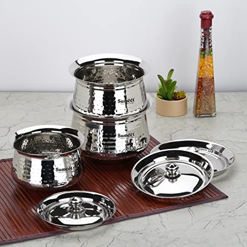 Sumeet Stainless Steel Handcrafted Hammered Texture Handi Set with Lid for Kitchen, Set of 3, 950ml, 1300ml & 1700ml, Silver