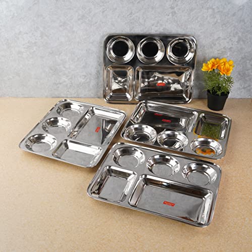 Sumeet Stainless Steel Rectangular 5 in 1 Compartment Lunch / Dinner Plate Set of 4Pcs, 37.4cm Dia, Silver