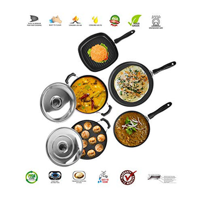 Sumeet 2.6mm Thick Non-Stick Red Spark Cookware Set (Dosa Tawa – 26.5cm Dia + Kadhai with Lid – 1.5Ltr + Grill Appam Patra with Lid – 23cm Dia + Grill Pan – 1.1Ltr + Tapper pan – 20cm Dia)