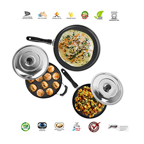 Sumeet 2.6mm Thick Non-Stick Rufina Combo Set (Dosa Tawa – 26.5cm Dia + Grill Appam Patra with Lid – 23cm Dia + Fry pan – 1.5Ltr Capacity – 21cm Dia)