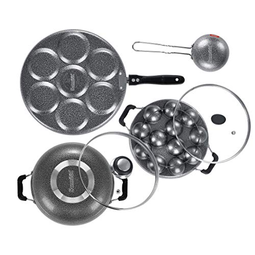 Sumeet NonStick Nero Cookware Set(Multi Snack Maker-7 Cavity-26.5Cm Dia+Kadhai with Glass Lid-2Ltr-22Cm Dia+Grill Appam Patra with Glass Lid-12 Cavity-22cm Dia+Waghariya/Tadka pan-190Ml-10Cm Dia)