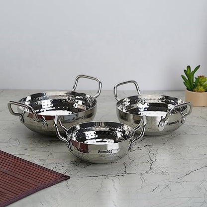 Sumeet Stainless Steel Handcrafted Hammered Mathar Kadai for Kitchen, 650ML, 1000ML & 1350ML, 14cm, 16cm & 18cm Dia, Pack of 3, Silver