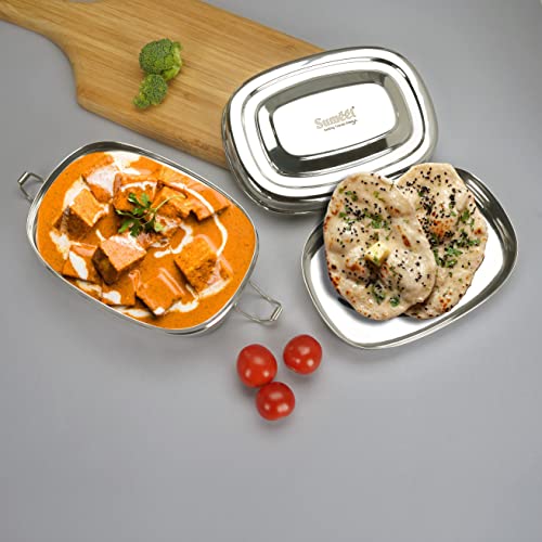 Sumeet Stainless Steel Rectangle Lunch Box/Tiffin with 2 Compartments and Locking Clip, 650ML, Ideal for 1 Person - Silver