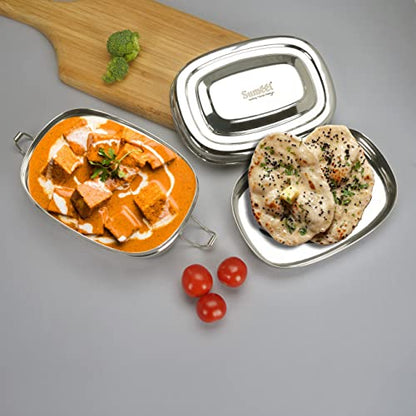 Sumeet Stainless Steel Rectangle Lunch Box/Tiffin with 2 Compartments and Locking Clip, 650ML, Ideal for 1 Person - Silver