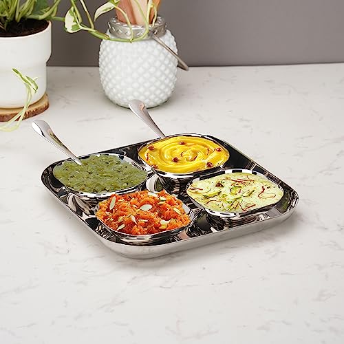 Sumeet Stainless Steel Square Shape Medium Size Snack Serve/Namkeen Set of 7PC, Silver