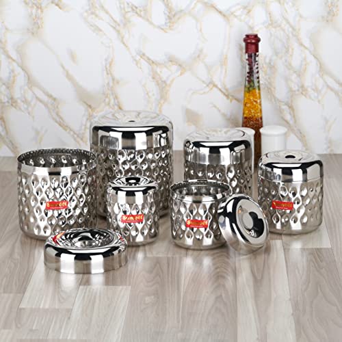 Sumeet Stainless Steel Vertical Utility Canisters/Ubha Dabba/Storage Containers with Design Set of 6pcs (350ml, 500ml,700ml,900ml,1200ml,1700ml), Silver