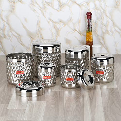 Sumeet Stainless Steel Vertical Utility Canisters/Ubha Dabba/Storage Containers with Design Set of 6pcs (350ml, 500ml,700ml,900ml,1200ml,1700ml), Silver