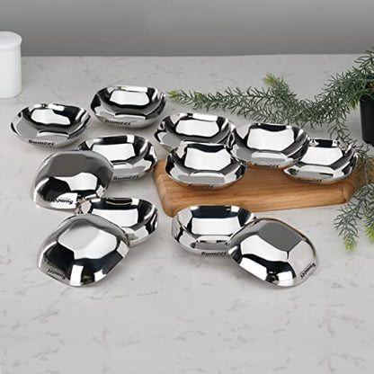 Sumeet Stainless Steel Small Apple Square Shape Plate/Dessert Plate/Halwa Plate Set of 12pcs, 8cm Dia, 90ML Each - Silver