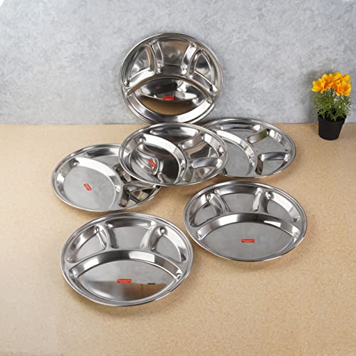 Sumeet Stainless Steel Round 4 in 1 Compartment Lunch / Dinner Plate Set of 6Pcs, 32.5cm Dia, Silver