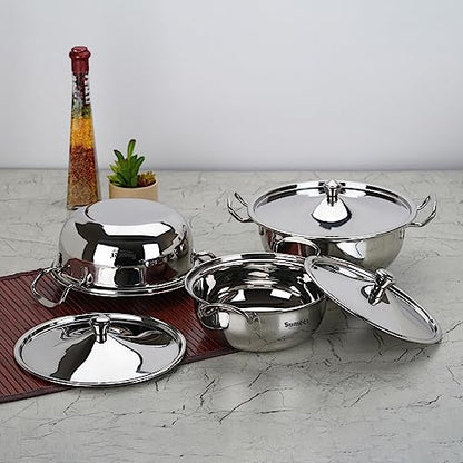 Sumeet Big Size Stainless Steel Cook and Serve Induction Handi Set with Lid and Handle, Set of 3Pc, 1200ML,1650ML & 2050ML, Silver