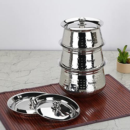 Sumeet Stainless Steel Handcrafted Hammered Texture Handi Set with Lid for Kitchen, Set of 3, 650ml, 950ml & 1300ml, Silver