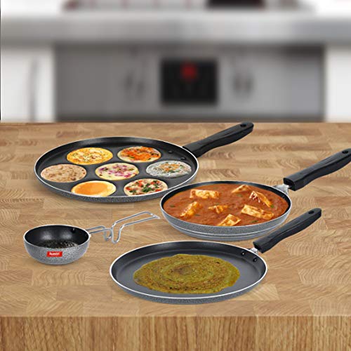 Sumeet NonStick Zwart Cookware Set (Dosa Tawa - 26.5Cm Dia + Multi Snack Maker - 7 Cavity - 26.5Cm Dia + Tapper pan - 0.6Ltr - 20Cm Dia + Waghariya/Tadka pan - 190Ml - 10Cm Dia)