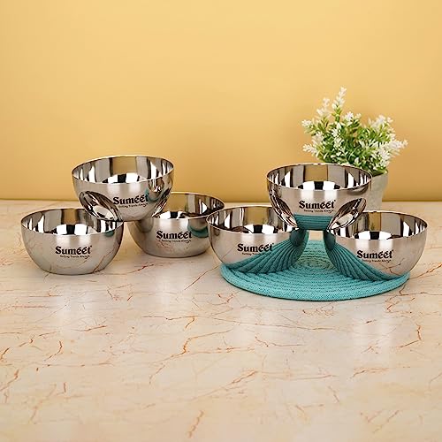 Sumeet Heavy Gauge Stainless Steel Big Size Apple Bowl/Wati/Katori with Mirror Finish – 11cm Dia, Set of 6pc, 400ML Each, Silver