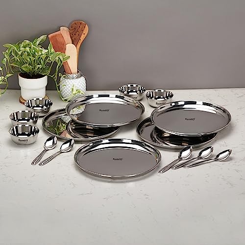 Sumeet Stainless Steel Heavy Gauge Mirror Finish Dinner Set of 15 Pcs (5 Plate, 5 Bowl/Wati, 5 Spoon), Silver