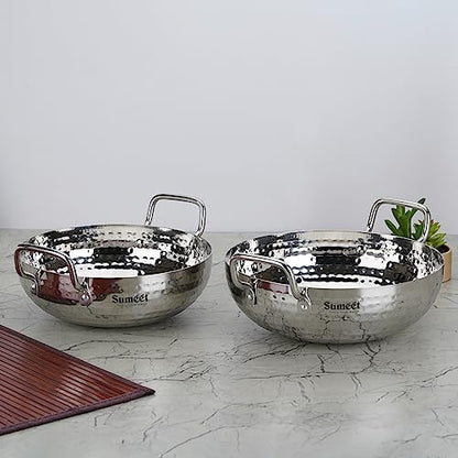 Sumeet Stainless Steel Handcrafted Hammered Mathar Kadai for Kitchen, Medium & Big Size, 2250ML & 2850ML, 22cm & 24cm Dia, Pack of 2, Silver