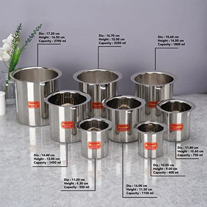 Sumeet Stainless Steel Ganj / Milk Boiler / Milk Pot /Long Tapeli Set of 8 Pieces (400ml, 550ml, 750ml, 1150ml, 1450ml,1800ml, 2250ml, 2700ml), Silver