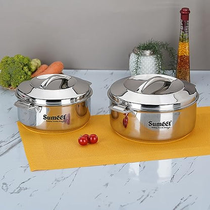 Sumeet Smart Serve Stainless Steel Double Wall Insulated Small Hot Pot/Hot Meal Box/Casserole Combo of 2Pc, 1.5L & 2.5L, Silver