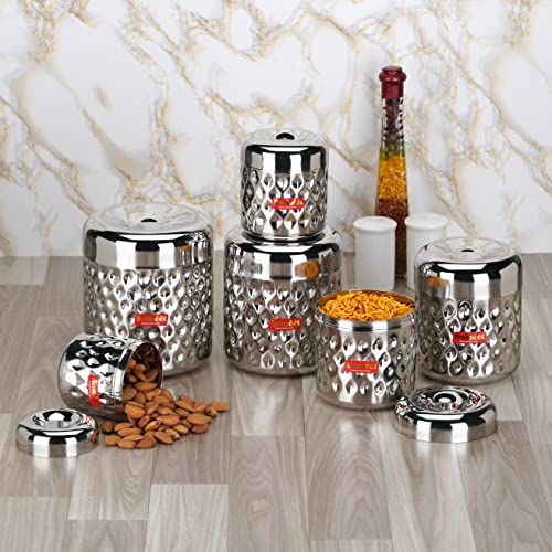 Sumeet Stainless Steel Vertical Utility Canisters/Ubha Dabba/Storage Containers with Design Set of 6pcs (350ml, 500ml,700ml,900ml,1200ml,1700ml), Silver