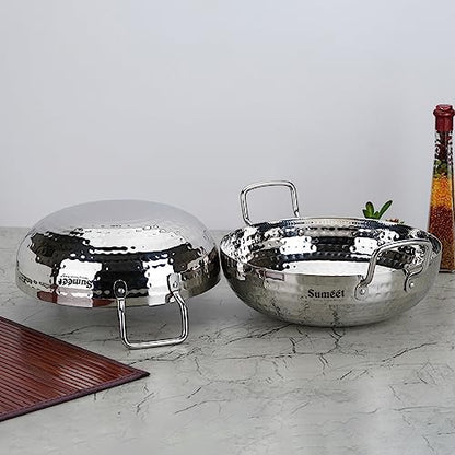 Sumeet Stainless Steel Handcrafted Hammered Mathar Kadai for Kitchen, Big Size, 3550ML & 4200ML, 26cm & 28cm Dia, Pack of 2, Silver