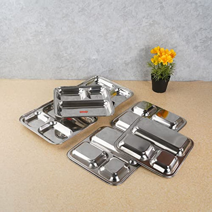 Sumeet Stainless Steel 3 in 1 Idli WADA Compartment Plate / Snack Plate / Breakfast Plate Set of 6Pcs, 24.5cm Dia, Silver