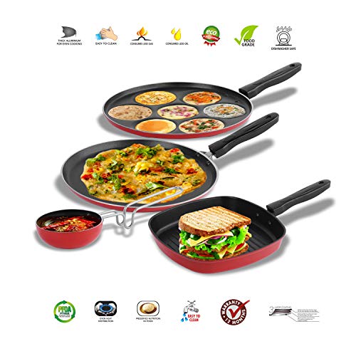 Sumeet 2.6mm Thick Non-Stick Qeso Cookware Set (Dosa Tawa – 26.5cm Dia + Multi Snack Maker – 26.5cm Dia + Grill Pan – 1.1Ltr Capacity – 22cm Dia + Tadka Pan – 10cm Dia)