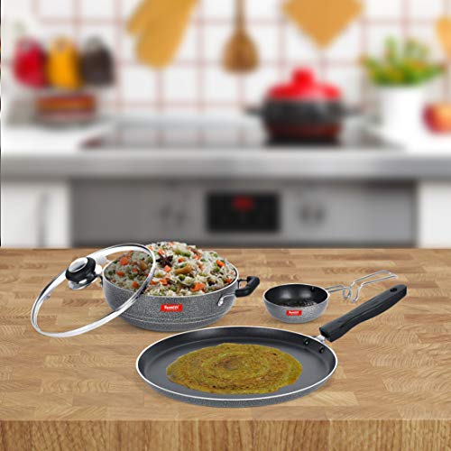 Sumeet NonStick Volafotsy Cookware Set (Dosa Tawa - 26.5Cm Dia + Kadhai with Glass Lid -2Ltr - 22Cm Dia + Waghariya/Tadka pan - 190Ml - 10Cm Dia)