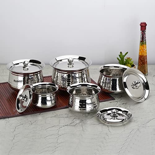 Sumeet Stainless Steel Handcrafted Hammered Texture Handi Set with Lid for Kitchen, Set of 5, 460ml, 650ml, 950ml, 1300ml & 1700ml, Silver