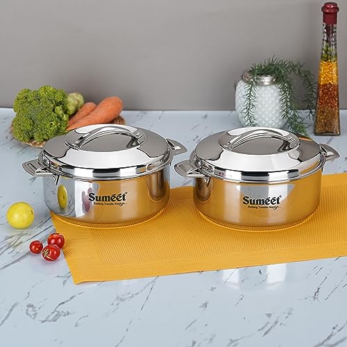 Sumeet Smart Serve Stainless Steel Double Wall Insulated Small Hot Pot/Hot Meal Box/Casserole Set of 2Pc, 2.5L Each, Silver