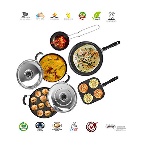 Sumeet 2.6mm Thick Non-Stick Solo Cookware Set (Dosa Tawa – 26.5cm Dia + Multi Snack Maker – 26.5cm Dia + Grill Appam Patra with Lid – 23cm Dia + Kadhai with Lid – 1.5Ltr + Tadka Pan – 10cm Dia)