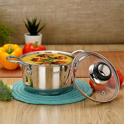 Sumeet Stainless Steel Induction Bottom (Encapsulated Bottom) Casserole with Glass Lid 1.3 LTR, 14 cm Dia, Silver