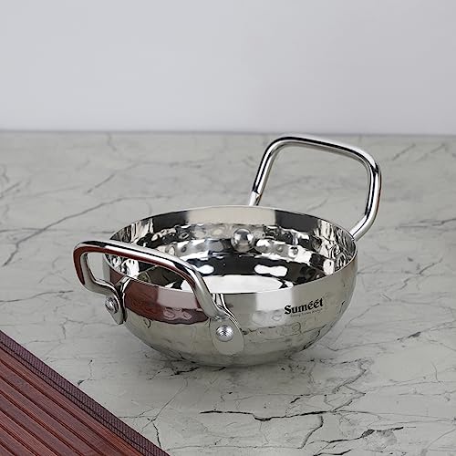 Sumeet Stainless Steel Handcrafted Hammered Mathar Kadai for Kitchen, Small Size, 450ML, 12cm Dia, Pack of 1, Silver