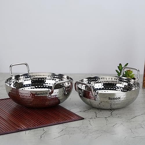 Sumeet Stainless Steel Handcrafted Hammered Mathar Kadai for Kitchen, Medium & Big Size, 2250ML & 2850ML, 22cm & 24cm Dia, Pack of 2, Silver