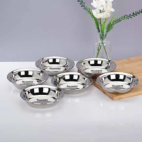 Sumeet Stainless Steel Heavy Gauge Multi Utility Serving Plates with Mirror Finish 14.5cm Dia - Set of 6pc, Silver