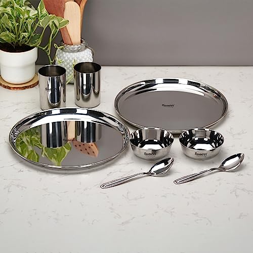 Sumeet Stainless Steel Heavy Gauge Mirror Finish Dinner Set of 8 Pcs (2 Plate, 2 Bowl/Wati, 2 Glass, 2 Spoon), Silver