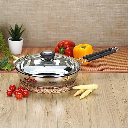 Sumeet Stainless Steel Induction Bottom (Encapsulated Bottom) Fry Pan with Glass Lid 1.7 LTR, 23.5 cm Dia, Silver