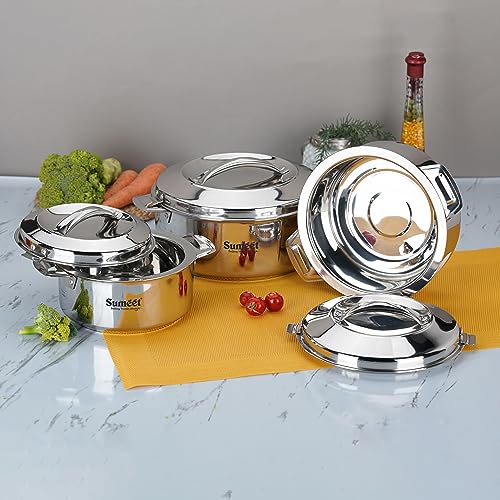 Sumeet Smart Serve Stainless Steel Double Wall Insulated Small Hot Pot/Hot Meal Box/Casserole Combo of 3Pc, 1L, 1.5L & 2.5L, Silver