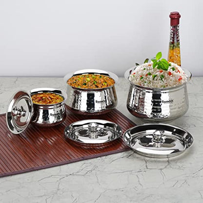 Sumeet Stainless Steel Handcrafted Hammered Texture Handi Set with Lid for Kitchen, Set of 3, 460ml, 950ml & 1700ml, Silver