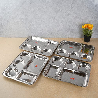 Sumeet Stainless Steel Rectangular 5 in 1 Compartment Lunch / Dinner Plate Set of 4Pcs, 37.4cm Dia, Silver