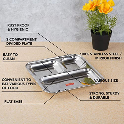 Sumeet Stainless Steel 3 in 1 Idli WADA Compartment Plate / Snack Plate / Breakfast Plate Set of 3Pcs, 24.5cm Dia, Silver