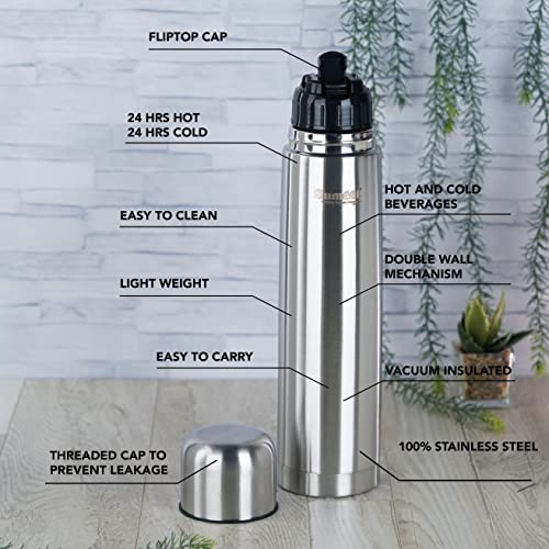 Sumeet Stainless Steel Double Walled Flask / Water Bottle, with Flip Lid, 24 Hours Hot and Cold, 1000 ml, Silver - Set of 2 Pcs