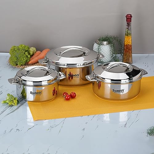 Sumeet Smart Serve Stainless Steel Double Wall Insulated Small Hot Pot/Hot Meal Box/Casserole Combo of 3Pc, 1L, 1.5L & 2.5L, Silver