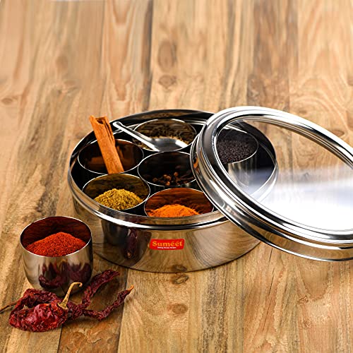 Sumeet Stainless Steel Round Masala (Spice) Box/Organiser with See Through Lid With 7 Containers and Small Spoon Size 12 (2Ltr) (20.5cm)