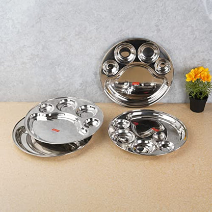 Sumeet Stainless Steel Round 5 in 1 Compartment Lunch / Dinner Plate Set of 4Pcs, 34cm Dia, Silver