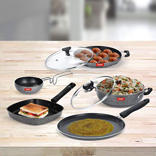 Sumeet NonStick Goal Cookware Set (Dosa Tawa-26.5Cm Dia+Kadhai with Glass Lid-2Ltr-22Cm Dia+Grill Appam Patra with Glass Lid-12 Cavity-22cm Dia+Grill Pan-22cm Dia+Tadka pan-190Ml-10Cm Dia)