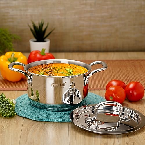 Sumeet Stainless Steel Induction Bottom (Encapsulated Bottom) Casserole with S.S Lid 1.3 LTR, 14 cm Dia, Silver