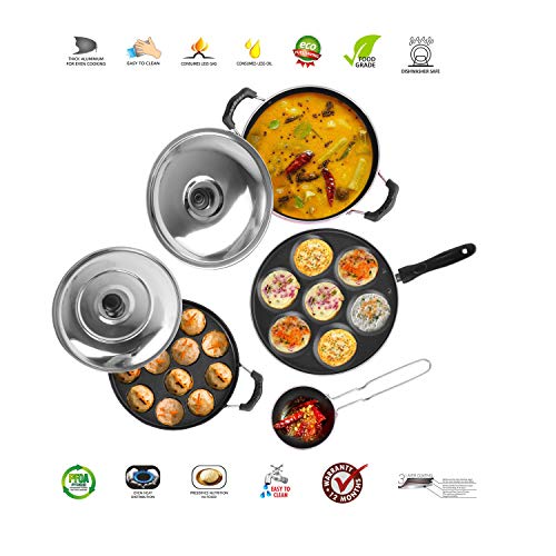 Sumeet 2.6mm Thick Non-Stick Ulaan Cookware Set (Multi Snack Maker – 26.5cm Dia + Kadhai with Lid – 1.5Ltr Capacity- 20cm Dia + Grill Appam Patra with Lid – 23cm Dia + Tadka Pan – 10cm Dia)