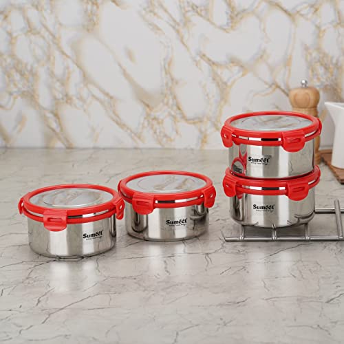 Sumeet Airtight & Leak Proof Steelexo S.S. Container/Lunch Box with Stainless Steel Lid Set Pack of 4Pc (750ML, 13CM) - Silver